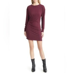 Open Edit | Gathered Long Sleeve Asymmetric Hem Minidress in Burgundy Fig